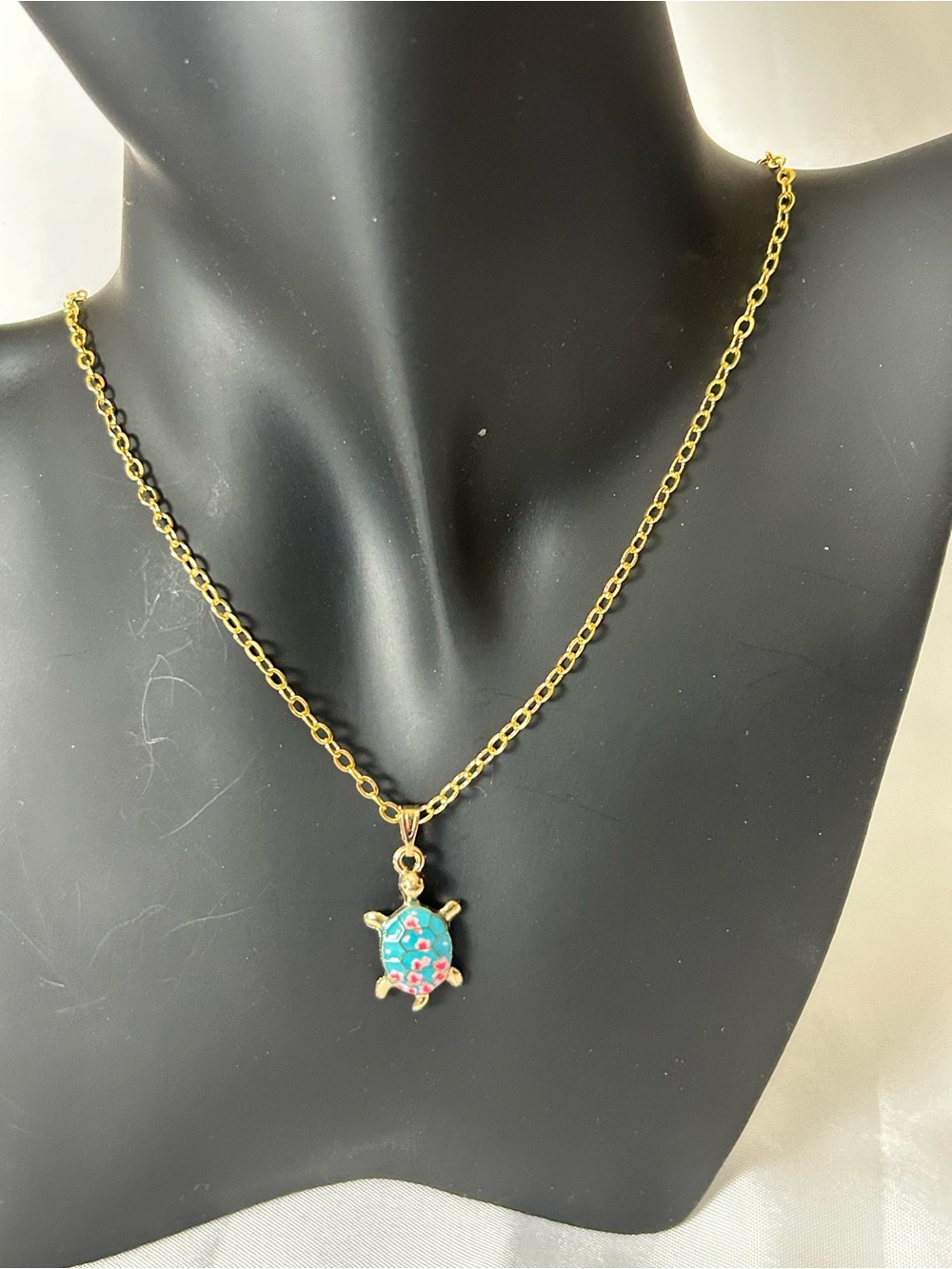 Cute Whimsical Gold Tone Enamel Turtle Necklaces . Measures 18” W/2” Ext